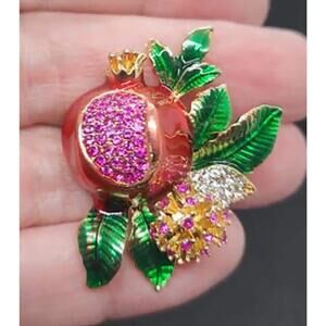 Pomegranate Brooch Luscious Color Rhinestones & Enamel Smaller Size Fruit Leaves